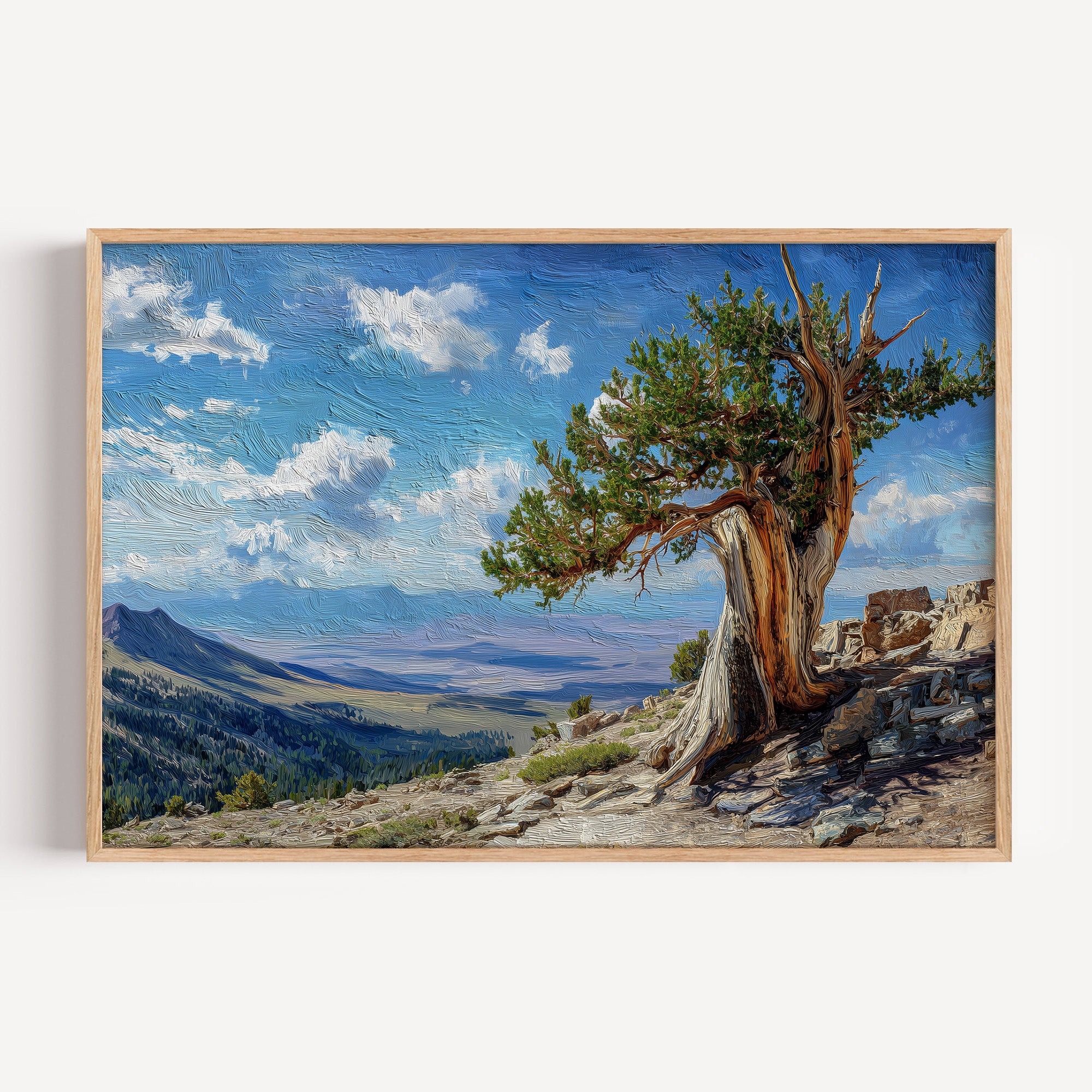 Great Basin National Park oil painting print in a light oak frame: a bristlecone pine on a rocky ridge