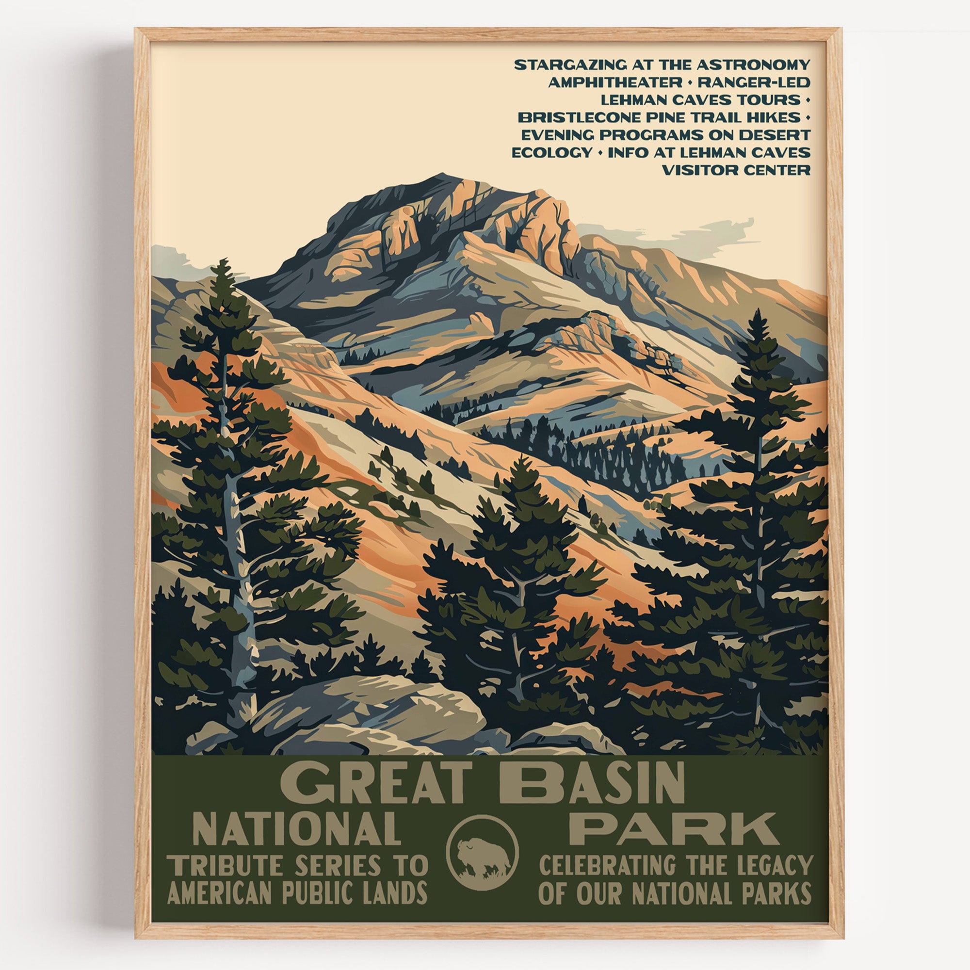 Great Basin National Park wall art print in a thin wood frame, twisted bristlecone pines on the slope below Wheeler Peak
