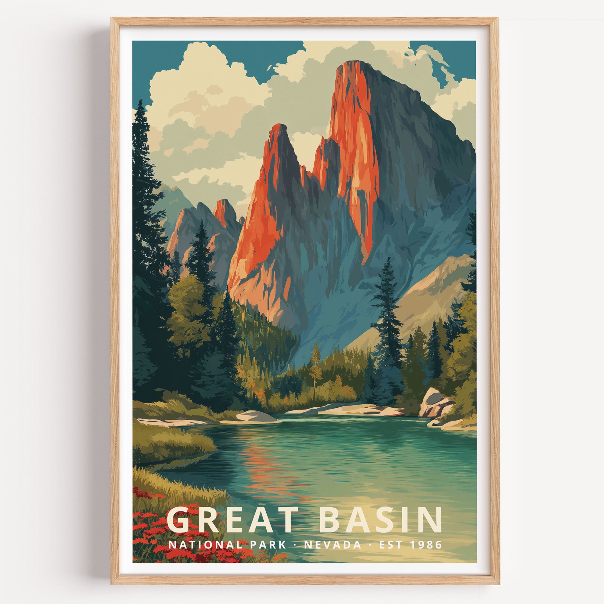Great Basin National Park retro travel poster — red-lit quartzite peaks above an alpine lake and bristlecone pines, Nevada