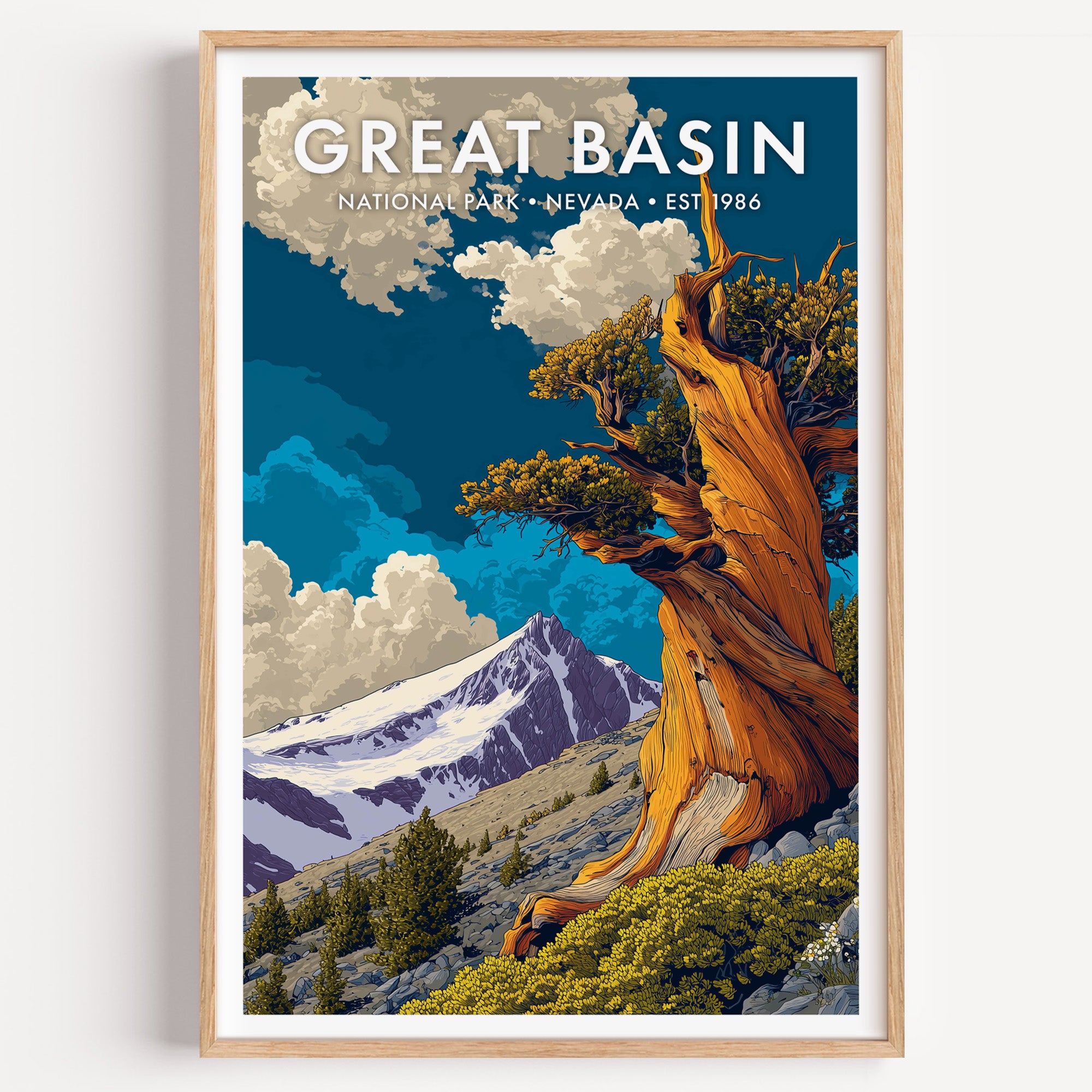 Great Basin National Park mid-century modern art print — an ancient bristlecone pine twisted by five thousand years of wind
