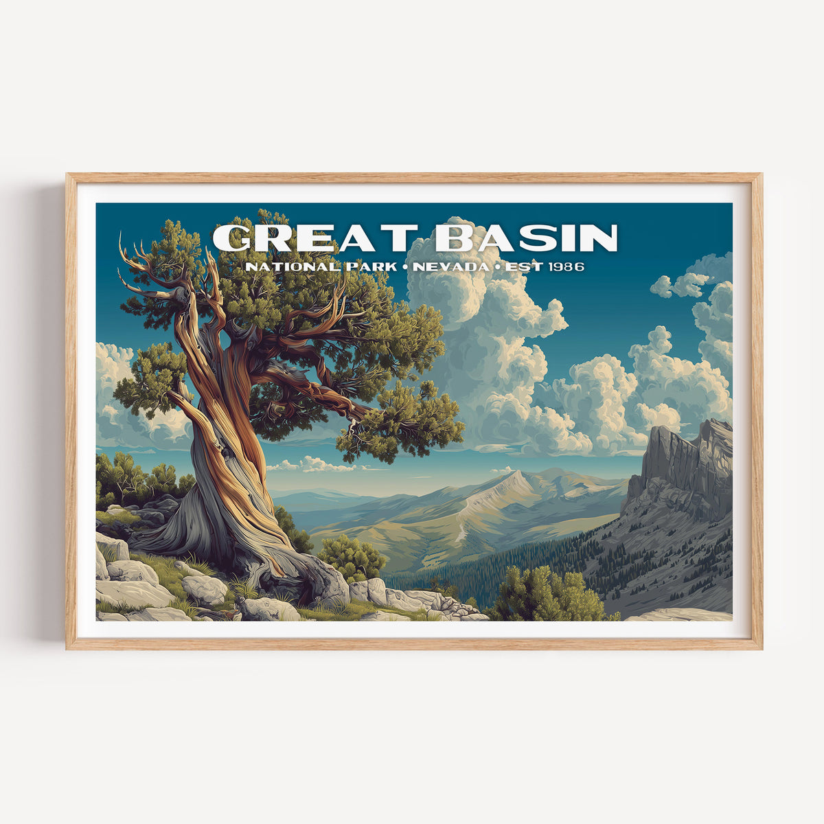 An ancient twisted bristlecone pine on a rocky ridge above the Nevada basin — Great Basin National Park vintage WPA travel poster print