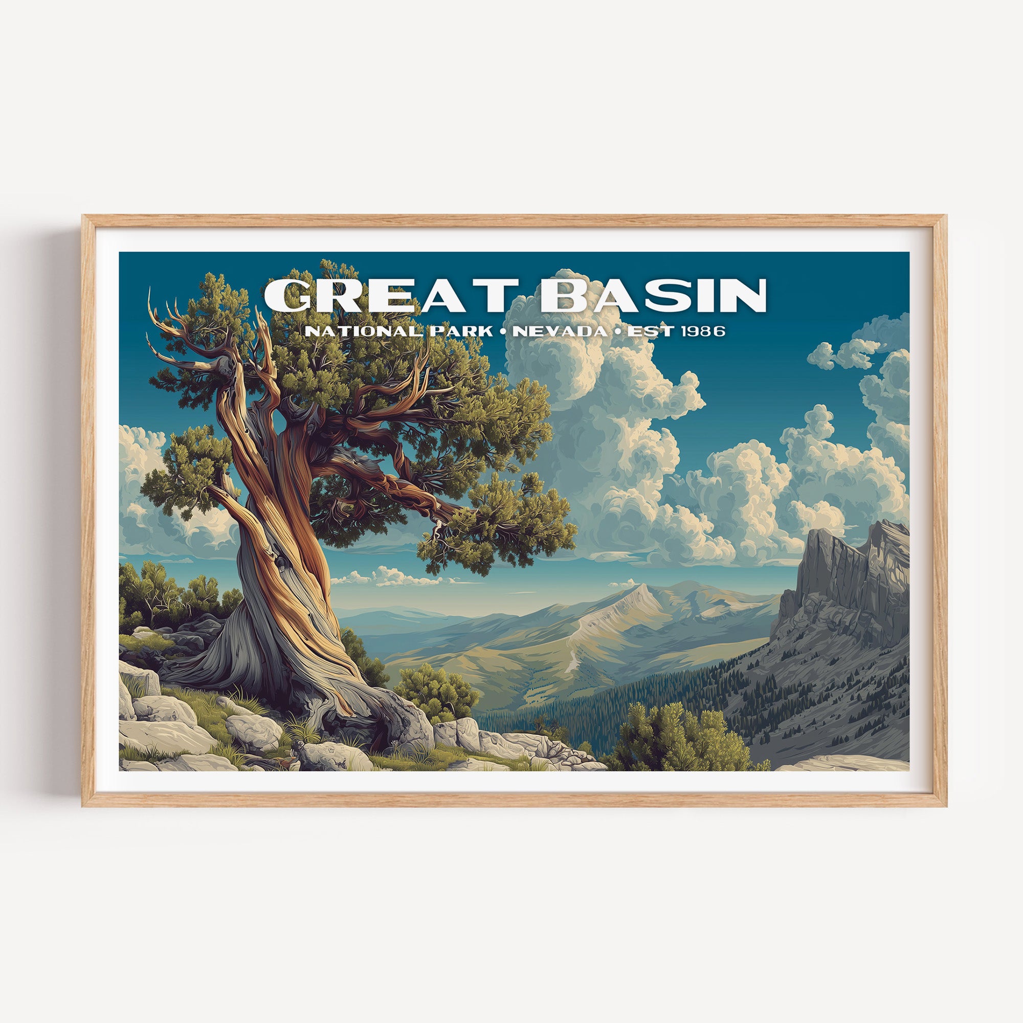 An ancient twisted bristlecone pine on a rocky ridge above the Nevada basin — Great Basin National Park vintage WPA travel poster print