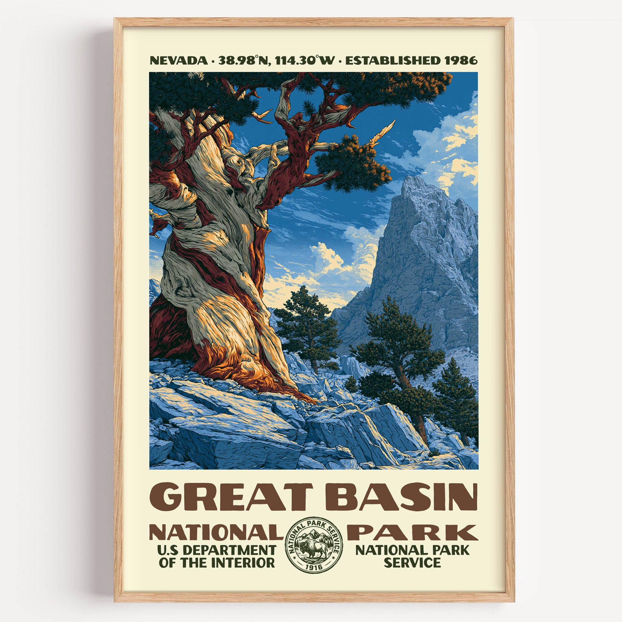 Great Basin National Park vintage WPA poster in a wood frame, an ancient bristlecone pine twisting below Wheeler Peak