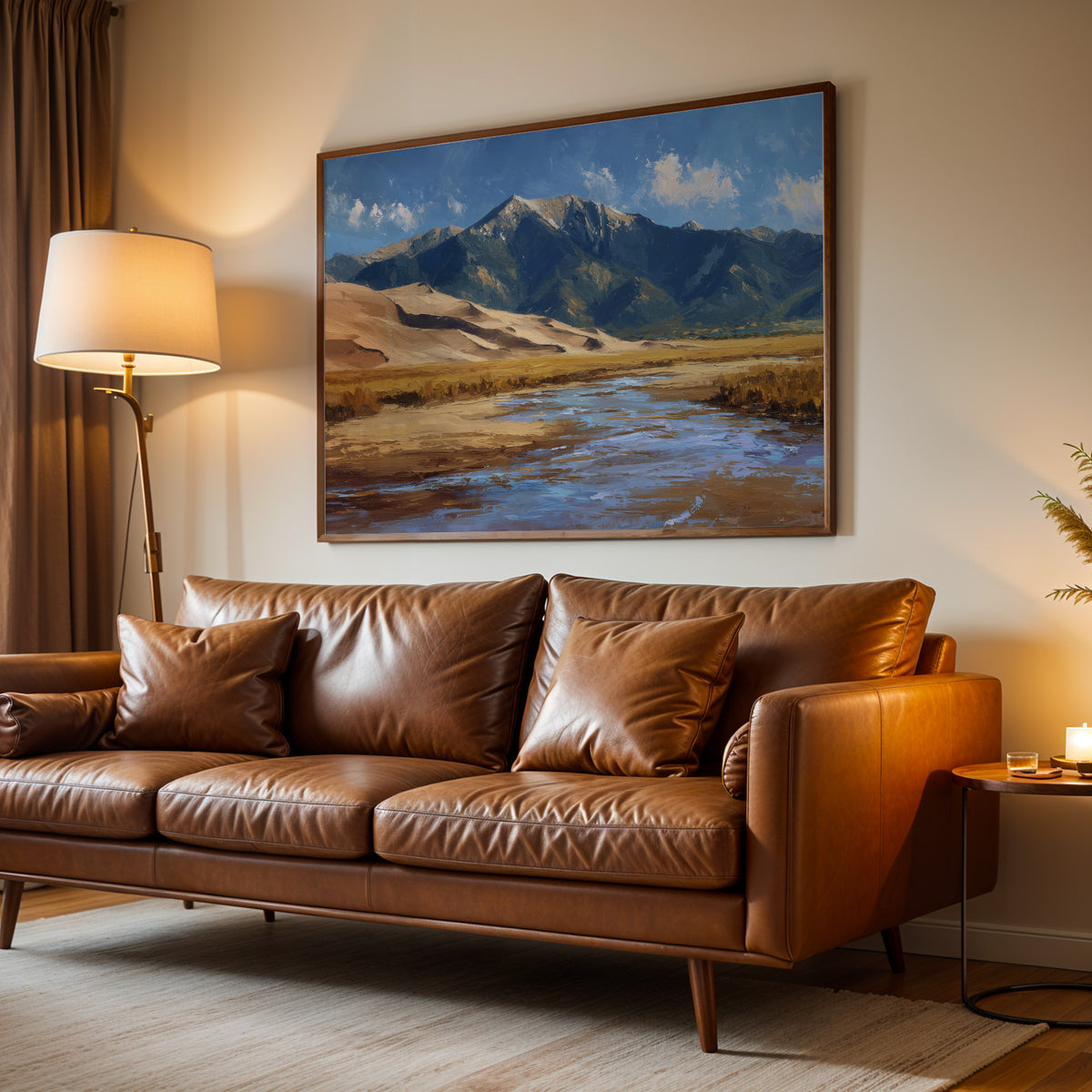 Great Sand Dunes oil painting print in an oak frame above a credenza on a taupe wall