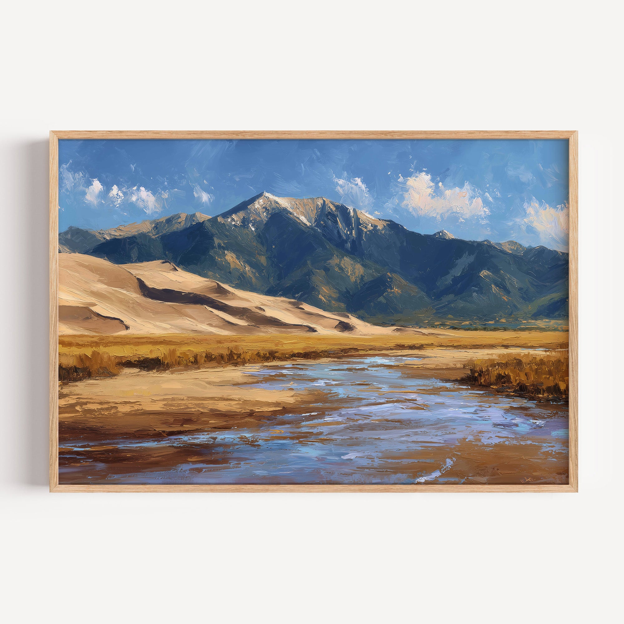 Great Sand Dunes National Park oil painting print in an oak frame: dunes below the Sangre de Cristo