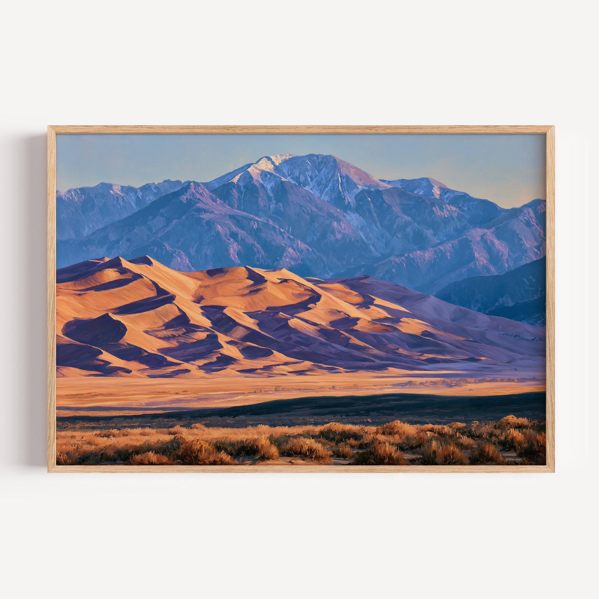 Great Sand Dunes classical oil painting print in an oak frame: dunes below the Sangre de Cristos