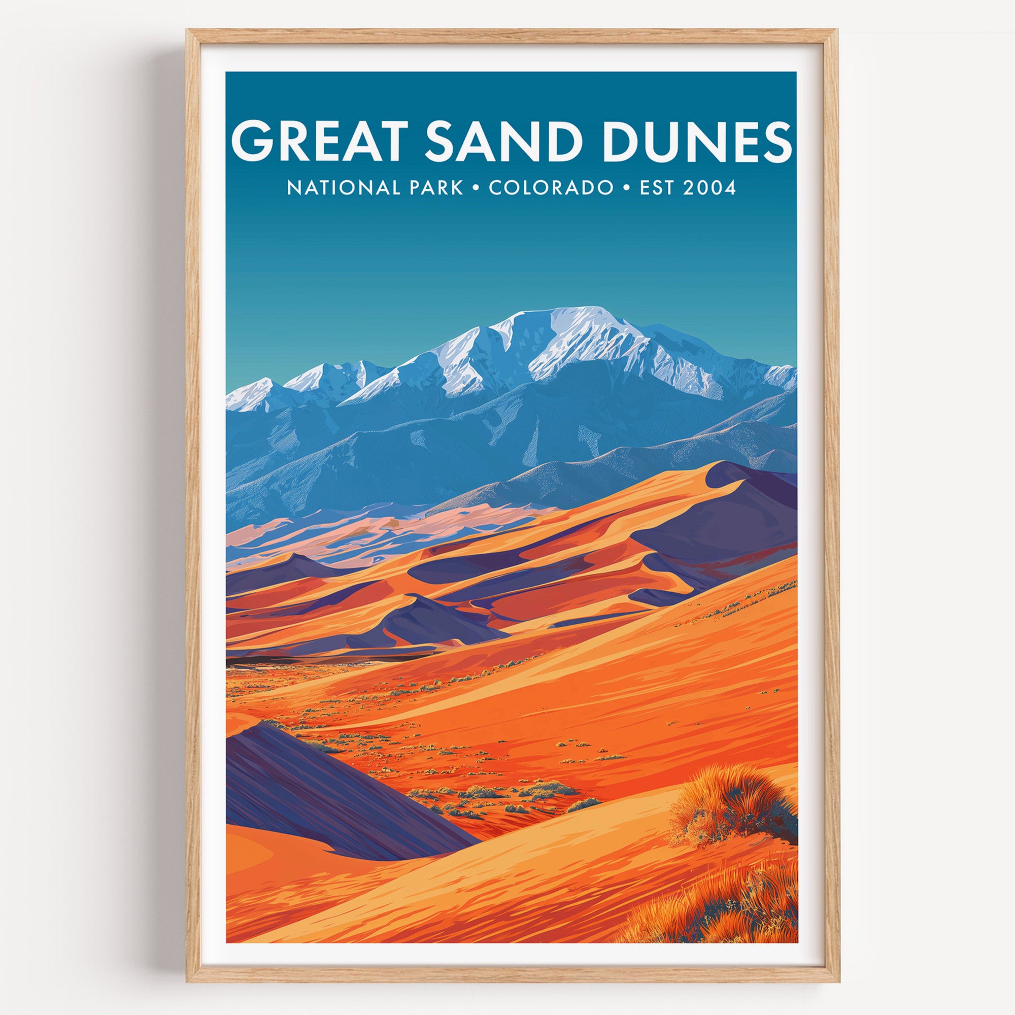 Great Sand Dunes National Park mid-century modern art print — orange dune crests stacked before the snow-covered Sangre de Cristo range