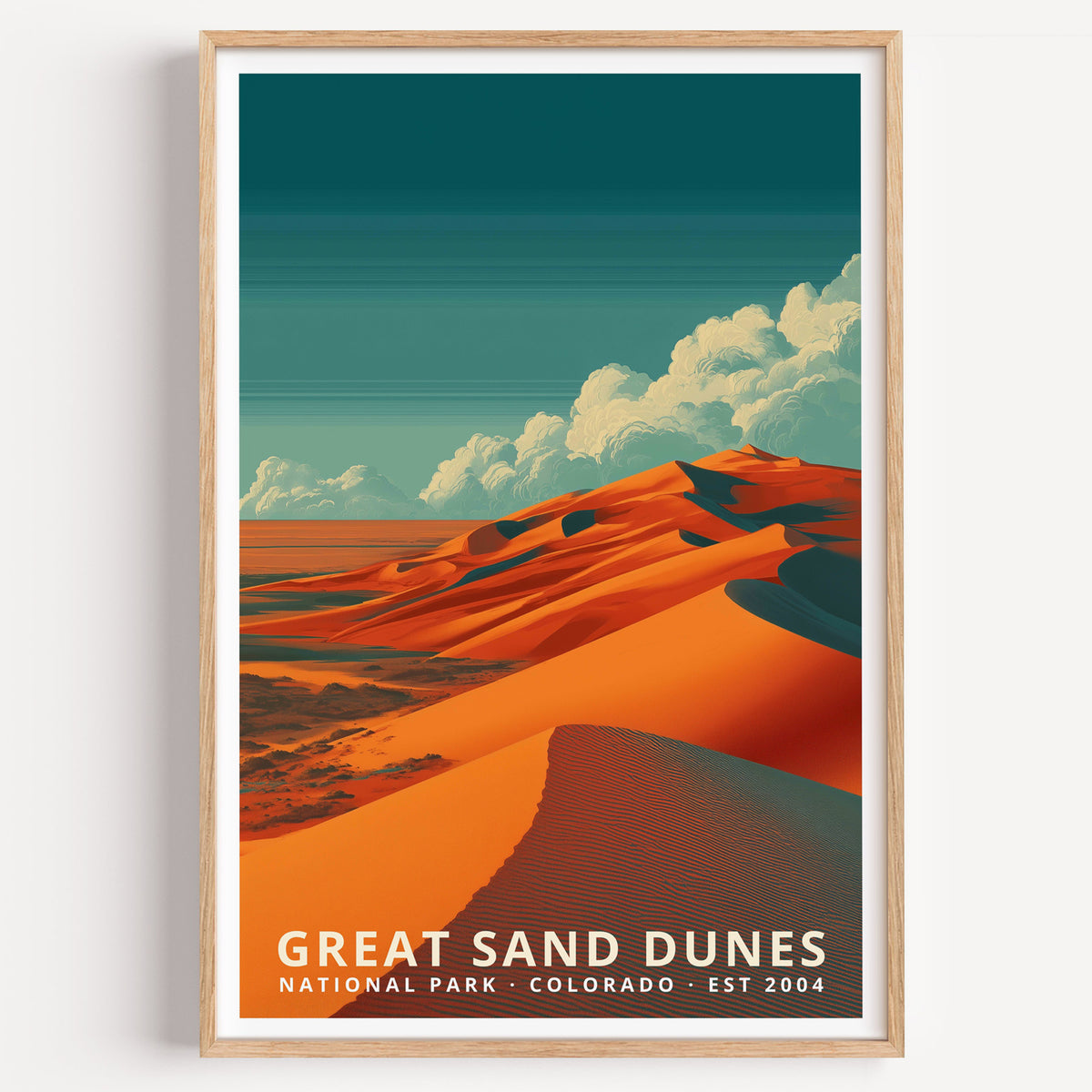 Great Sand Dunes National Park retro travel poster — tall orange dune ridges curving beneath a deep teal sky, Colorado