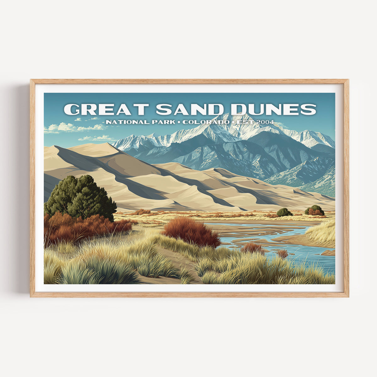 Tall sand dunes below the snow-capped Sangre de Cristo peaks with Medano Creek — Great Sand Dunes National Park vintage WPA travel poster print