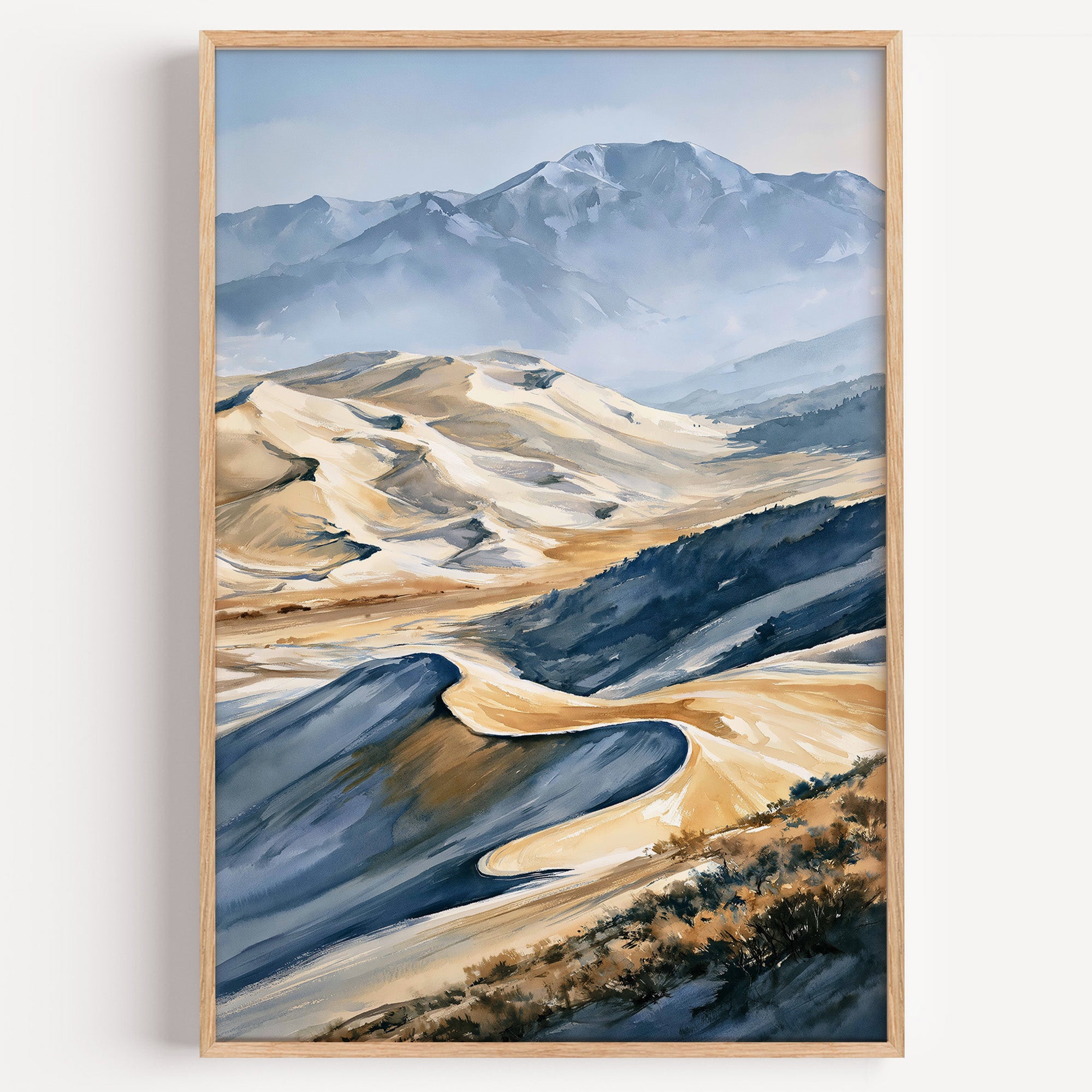 Great Sand Dunes National Park watercolor art print: gold and blue dune ridges below the snowy Sangre de Cristo range