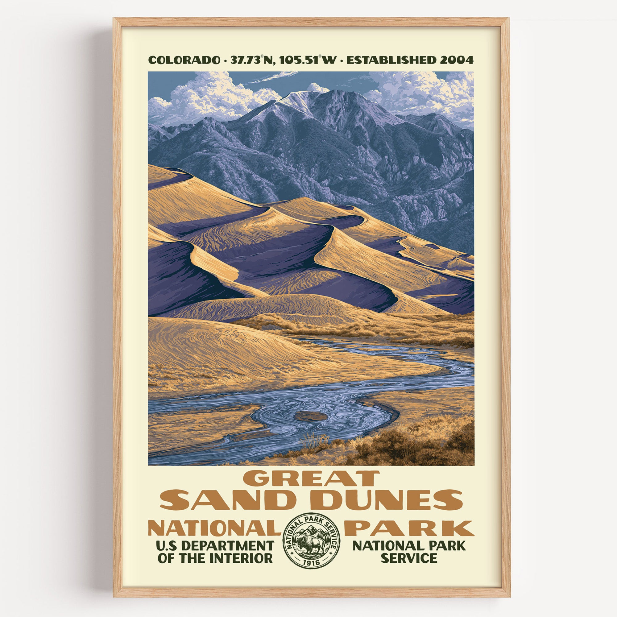 Great Sand Dunes National Park vintage WPA poster in a wood frame, gold dunes below violet peaks