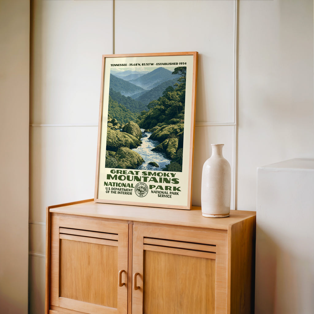 Great Smoky Mountains National Park WPA print framed in light oak on a wooden sideboard with a ceramic vase