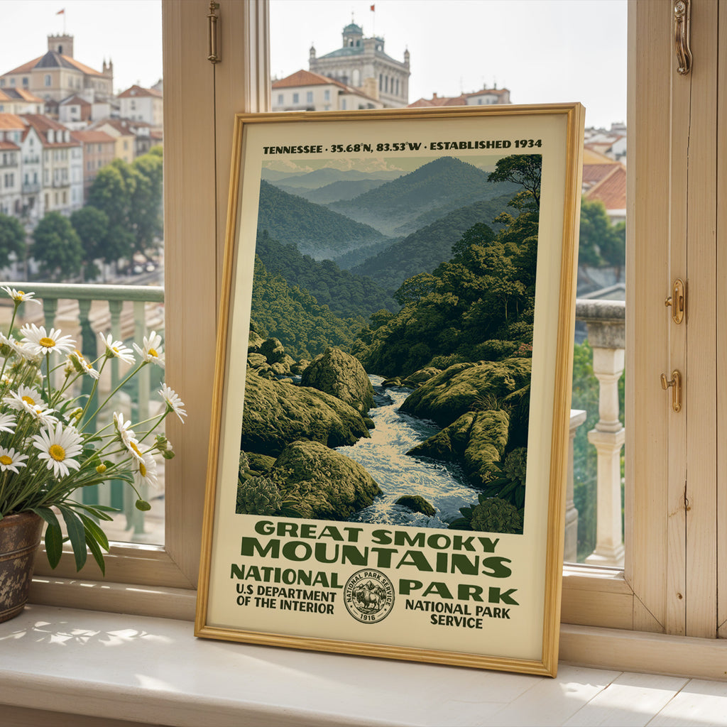 Great Smoky Mountains National Park poster framed on a sunlit windowsill with fresh daisies and a bright view