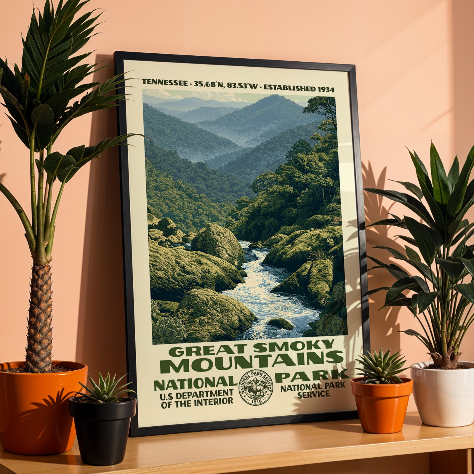 Great Smoky Mountains National Park WPA print in a black frame on a shelf against a warm terracotta wall