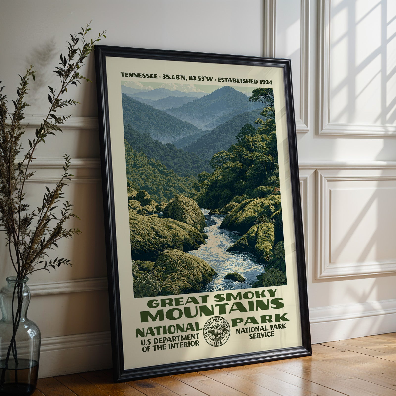 Large Great Smoky Mountains National Park WPA poster in a black frame leaning on a white panelled wall