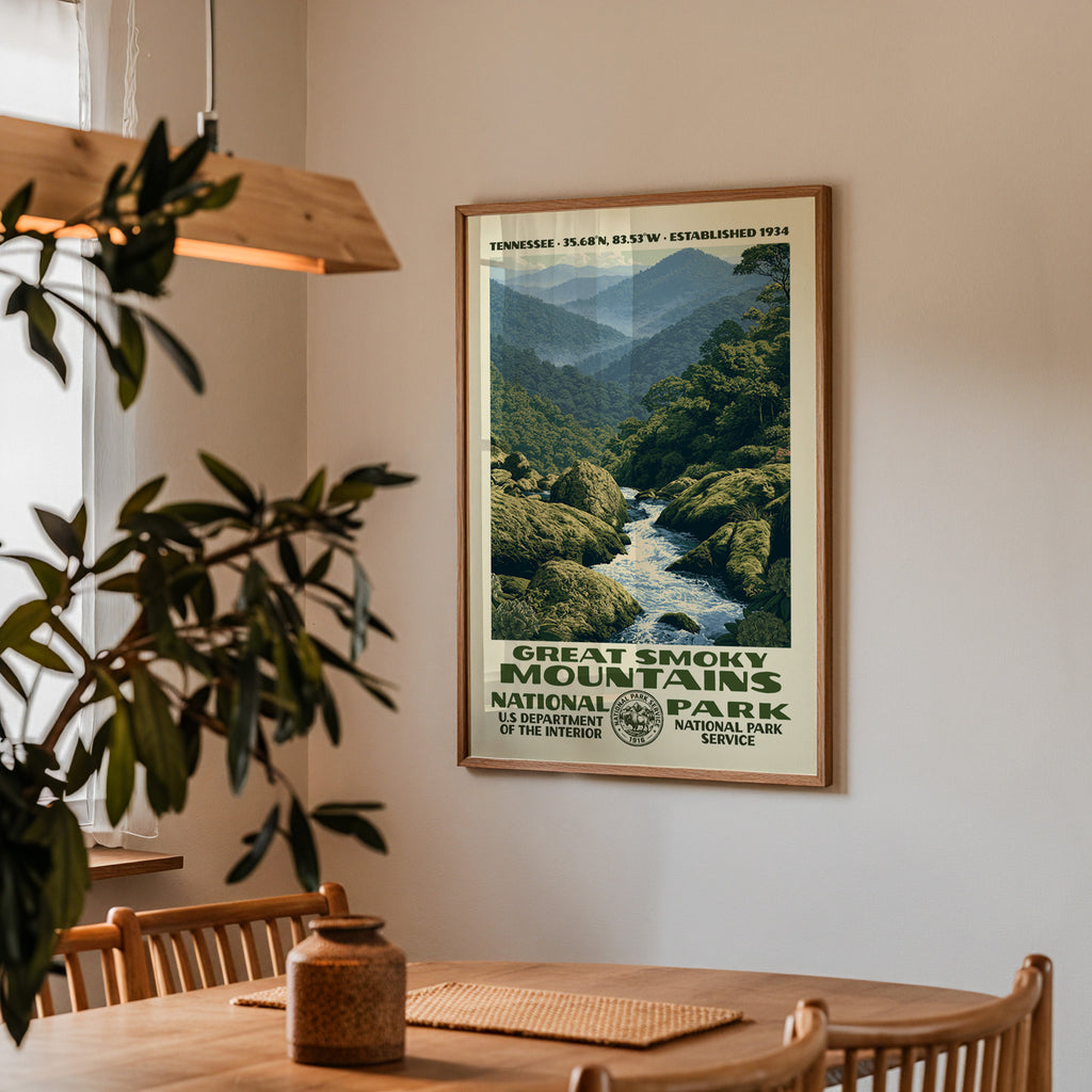 Great Smoky Mountains National Park vintage travel print hung above a wooden dining table under a pendant lamp