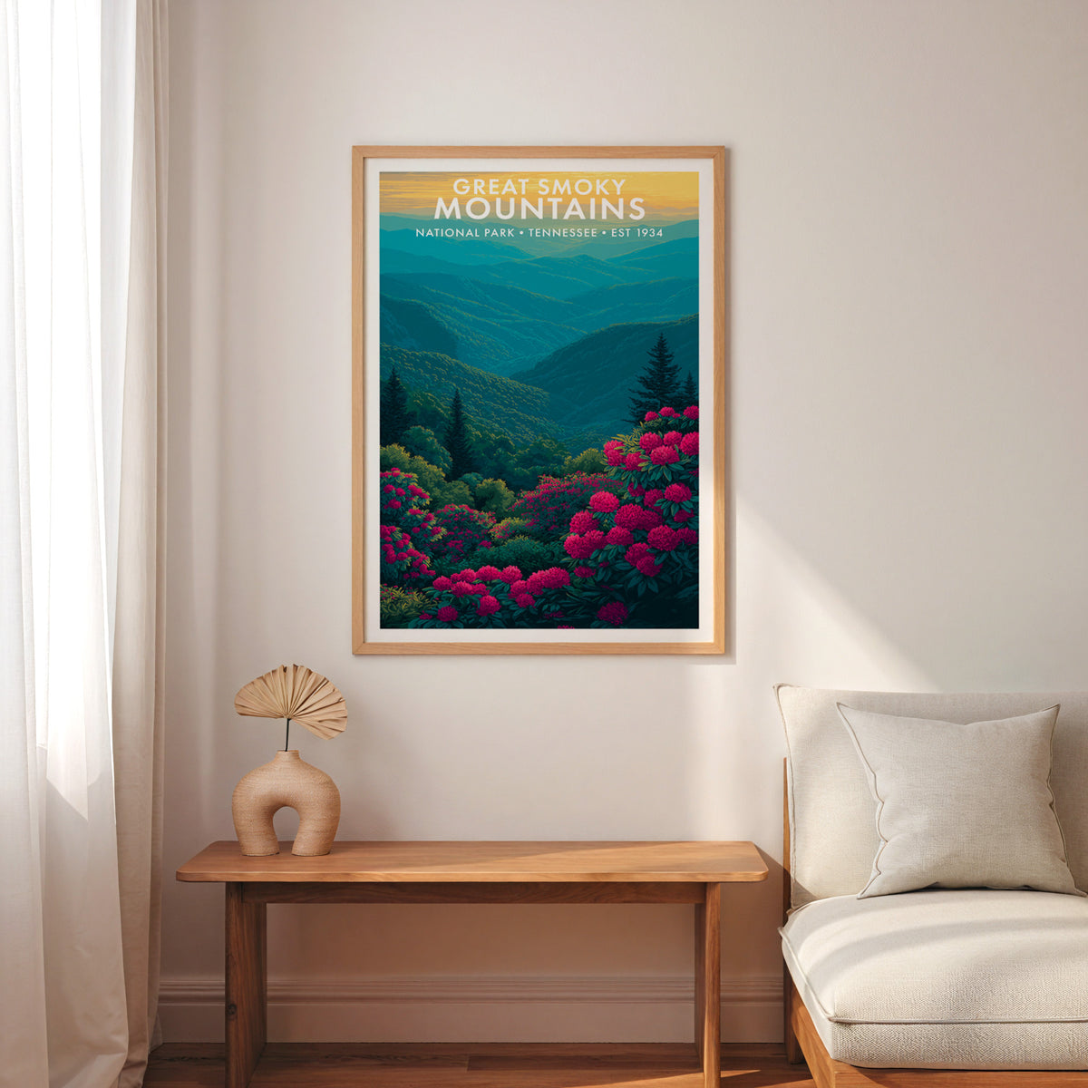Great Smoky Mountains National Park mid-century modern art print framed above an entry bench with a linen cushion — entryway wall art