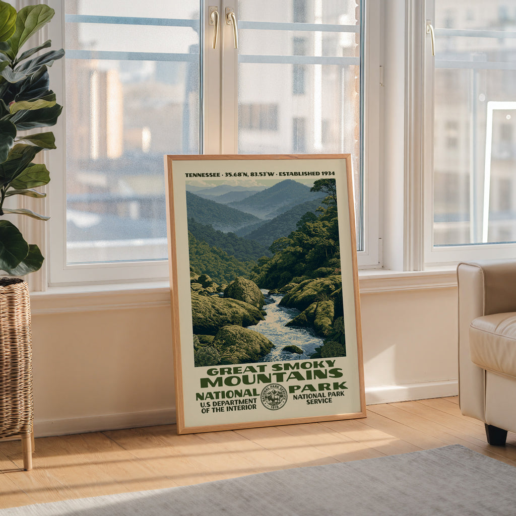 Great Smoky Mountains National Park WPA wall art in a wood frame by a tall window with a city skyline view