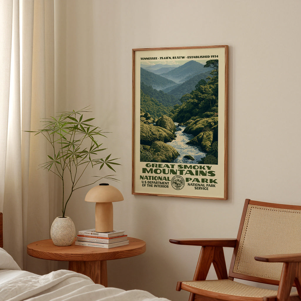 Great Smoky Mountains National Park vintage WPA print hanging above a side table in a calm bedroom corner