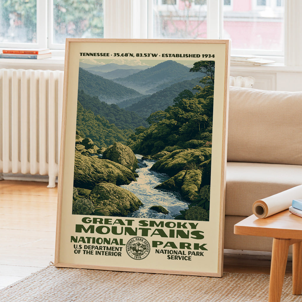 Great Smoky Mountains National Park WPA travel poster leaning on a sunlit living room wall beside a linen sofa