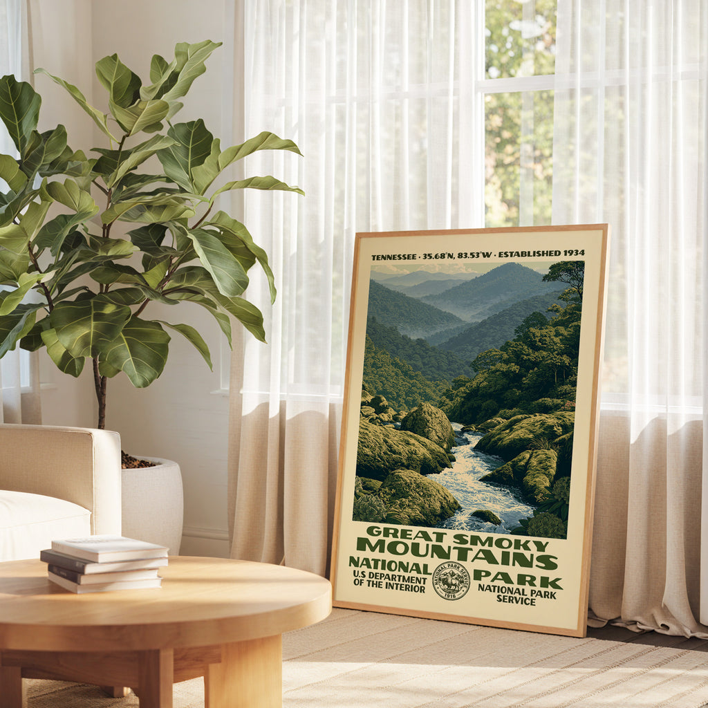 Great Smoky Mountains National Park retro art print propped on a round wood table by a bright window