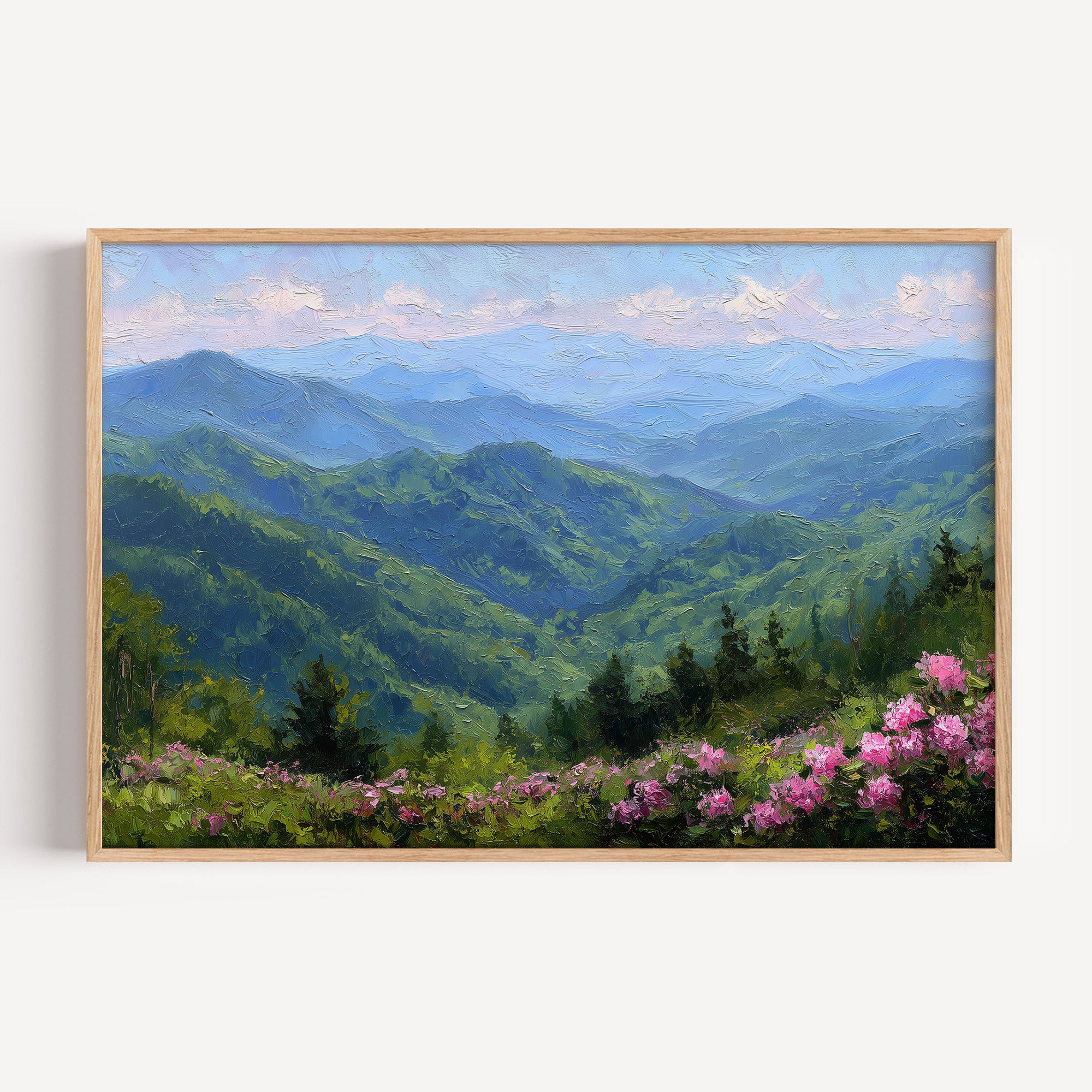 Great Smoky Mountains oil painting print in an oak frame: blue ridges with pink rhododendron