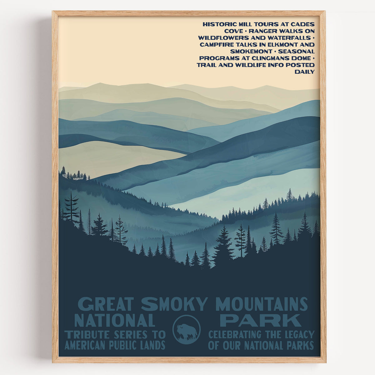 Great Smoky Mountains National Park wall art print in a thin wood frame, layered blue ridges fading one behind the other