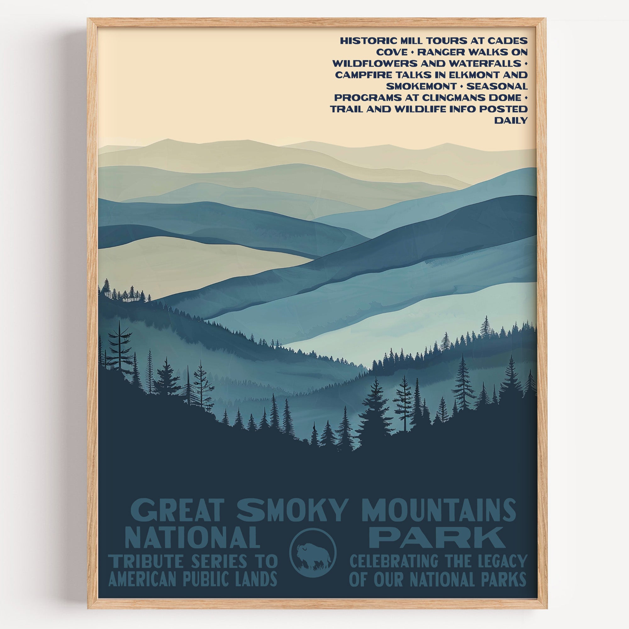 Great Smoky Mountains National Park wall art print in a thin wood frame, layered blue ridges fading one behind the other