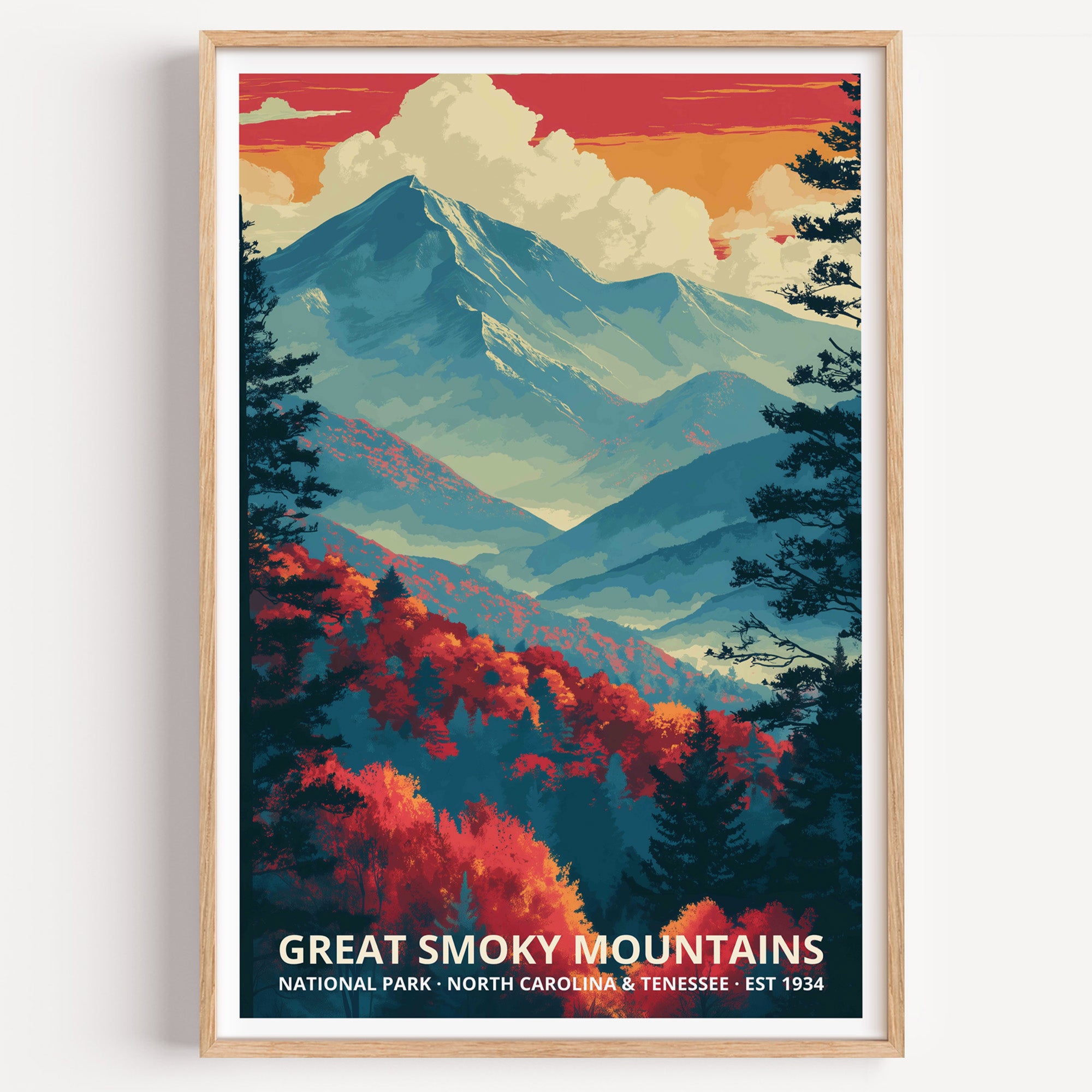 Great Smoky Mountains National Park retro travel poster — blue ridgelines fading into haze above autumn hardwood forest, Tennessee