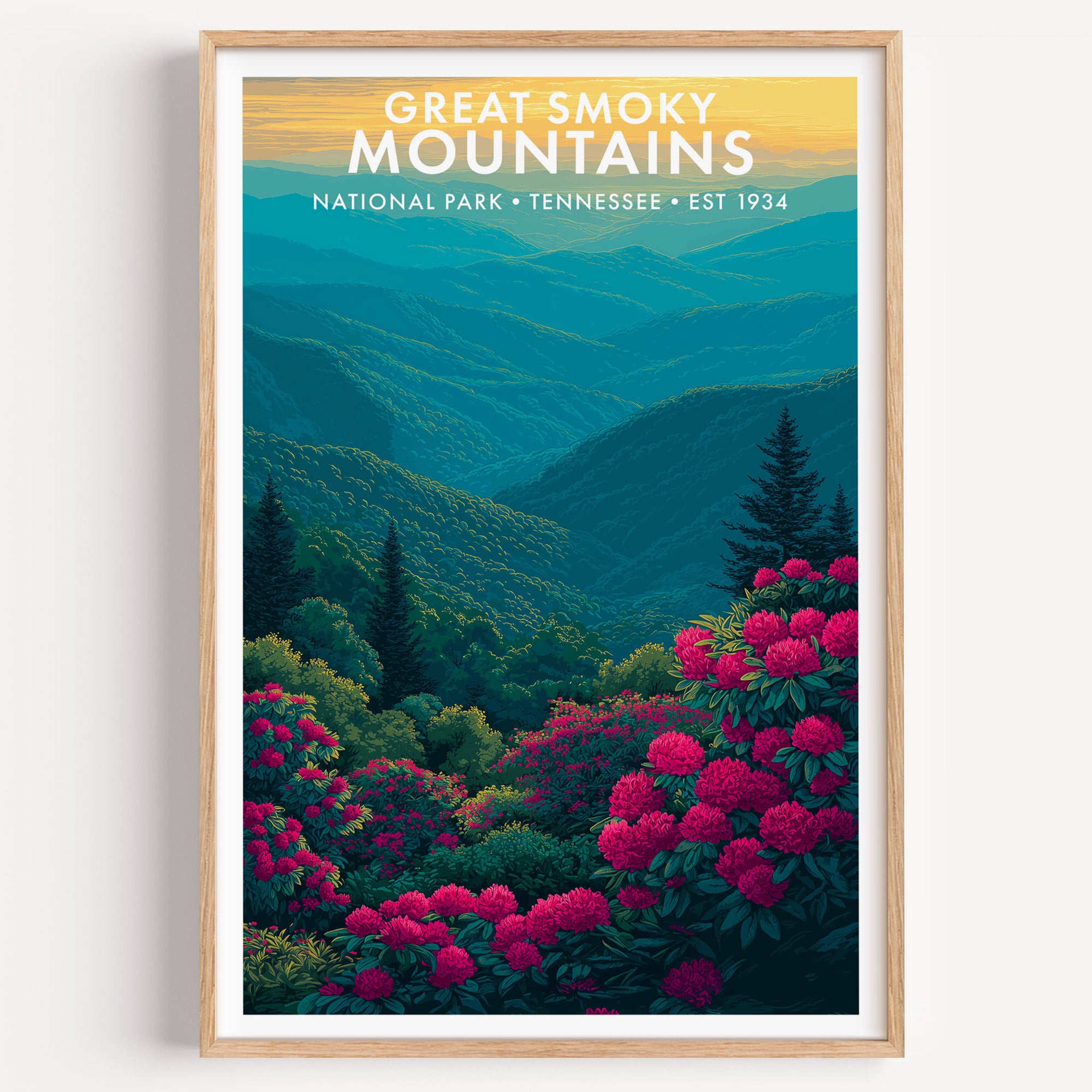 Great Smoky Mountains National Park mid-century modern art print — ridge behind ridge fading into blue haze with magenta rhododendron