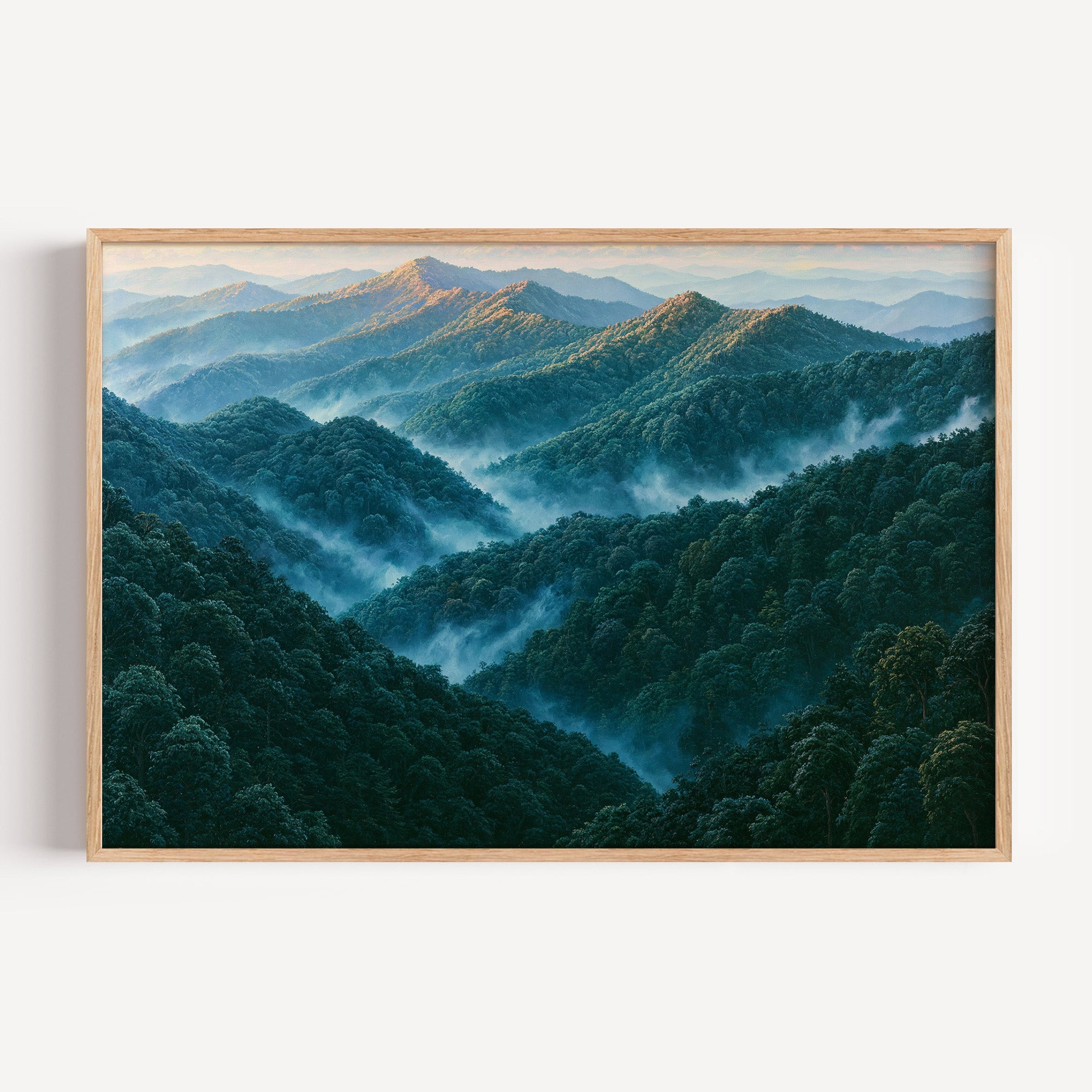 Great Smoky Mountains classical oil painting print in an oak frame: misty blue ridges