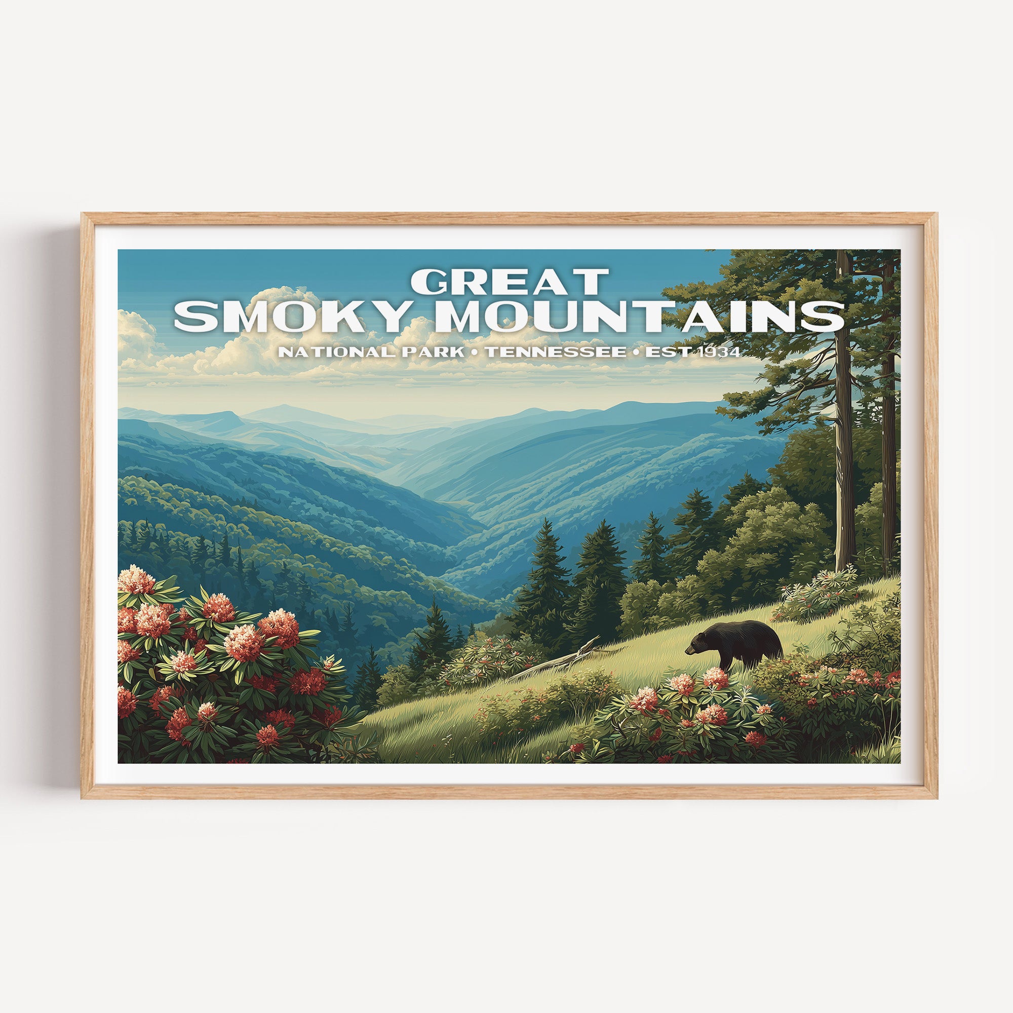 A black bear on a grassy ridge above blue layered mountains and blooming rhododendron — Great Smoky Mountains National Park vintage travel poster
