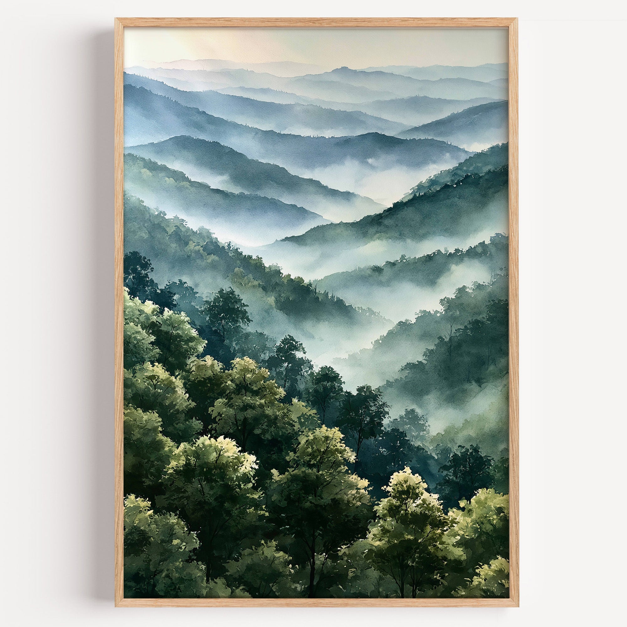 Great Smoky Mountains National Park watercolor art print: layered blue ridges with valley fog above a green canopy