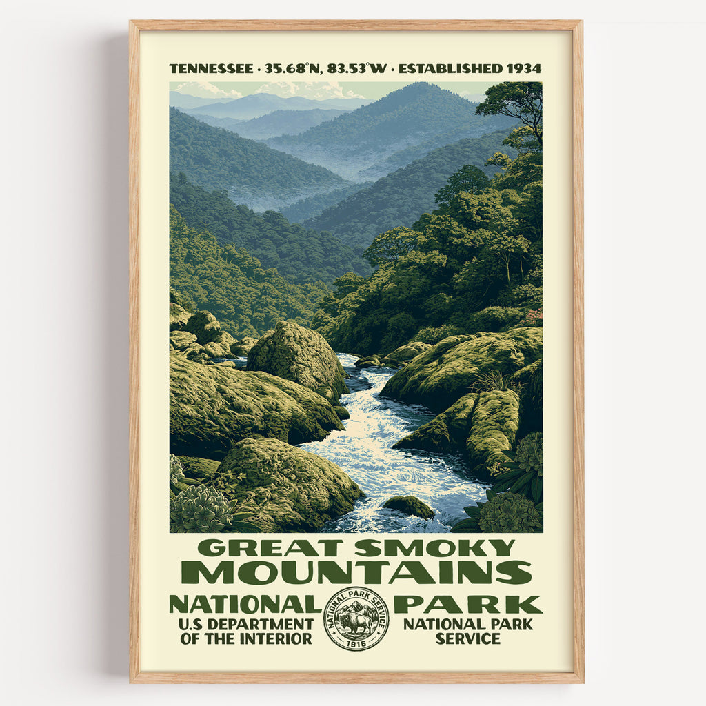 Great Smoky Mountains National Park vintage WPA poster in a wood frame, a mossy creek in blue-hazed ridges