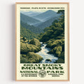 Great Smoky Mountains National Park vintage WPA poster in a wood frame, a mossy creek in blue-hazed ridges