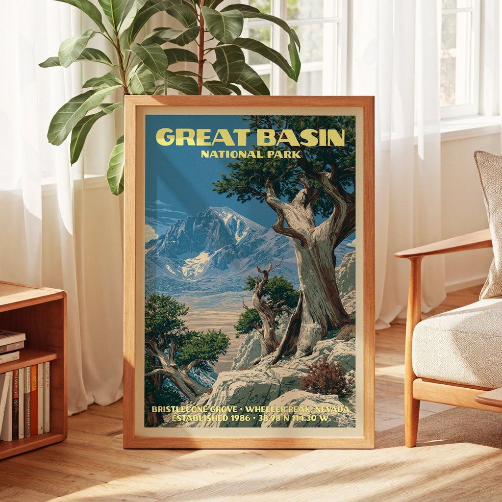 Great Basin bristlecone poster in oak, leaning by a sunlit window with sheer curtains and a low bookshelf