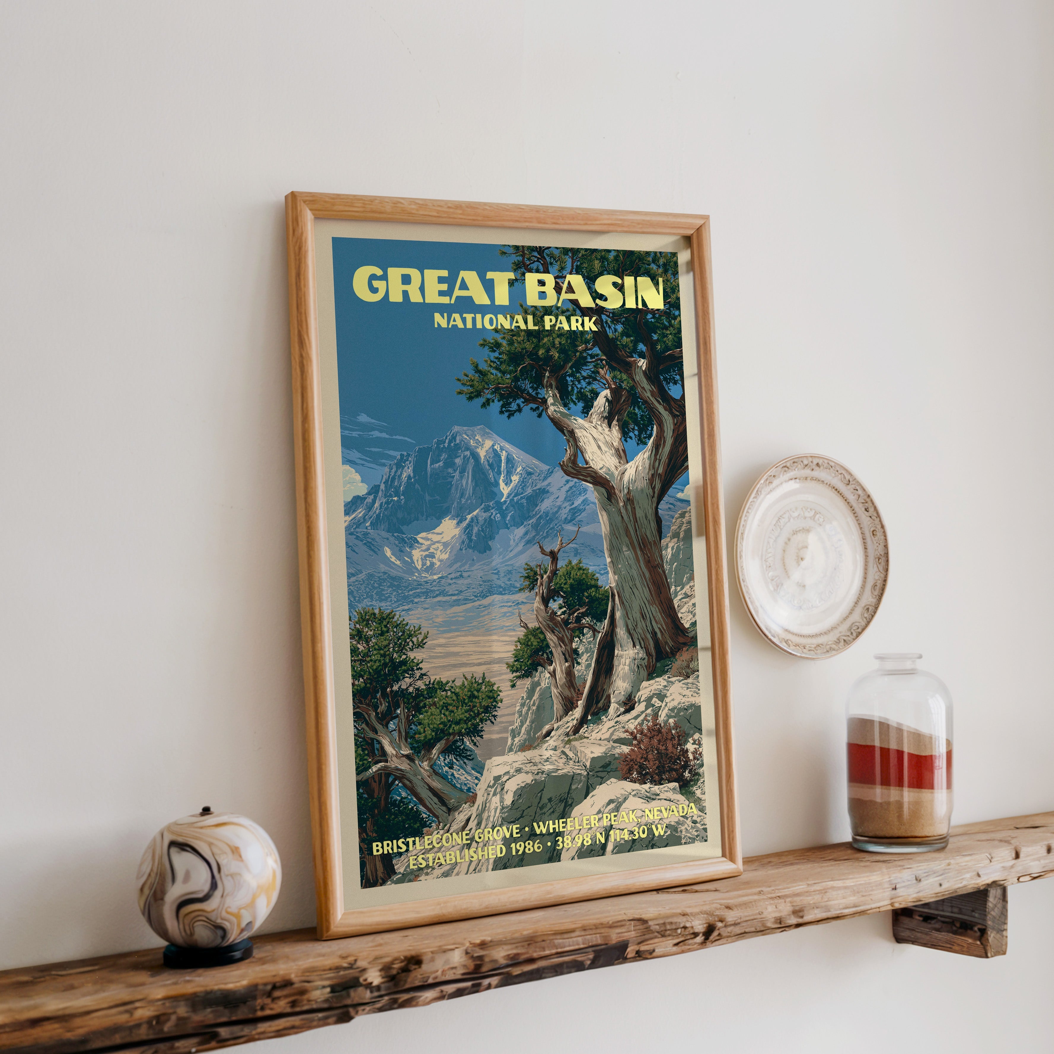 Great Basin bristlecone print in oak, leaning on a reclaimed wood ledge with a marbled stone sphere and sand jar