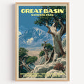 Bristlecone Grove Great Basin National Park vintage poster in a light oak frame on a plain white wall