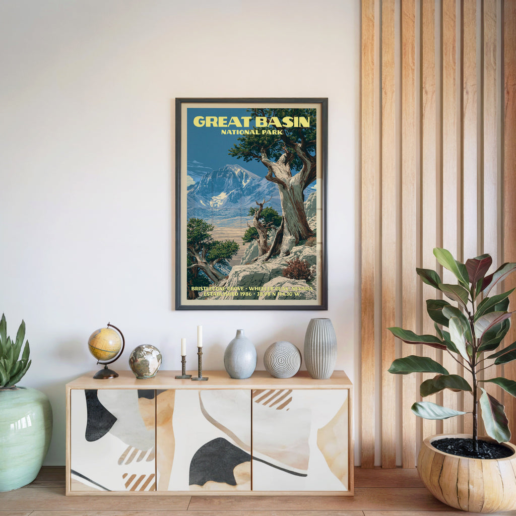 Great Basin National Park poster in a black frame above a light wood sideboard with a globe and a slatted wall panel
