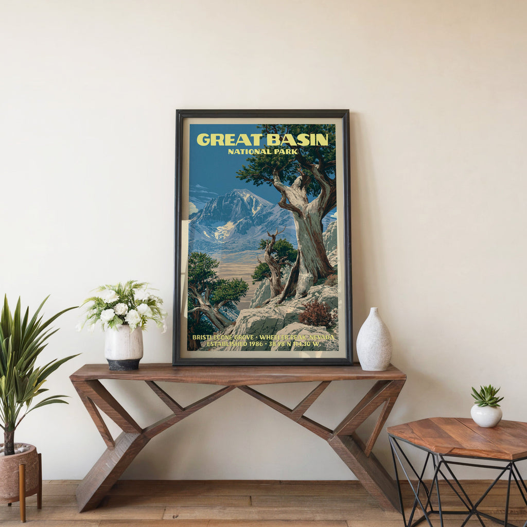 Wheeler Peak wall art in black, leaning on a walnut console with white anemones in a stoneware vase