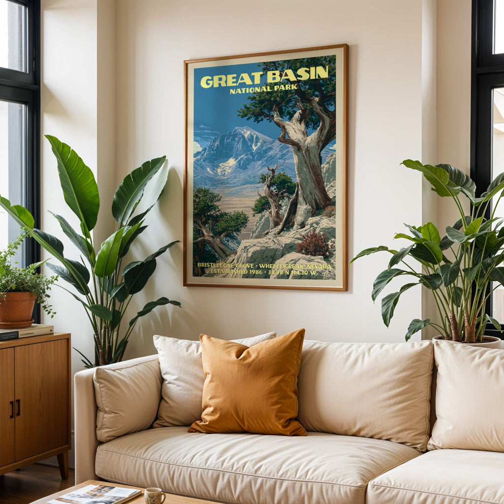 Great Basin vintage travel print in oak above a cream sofa with a rust cushion and tall tropical plants