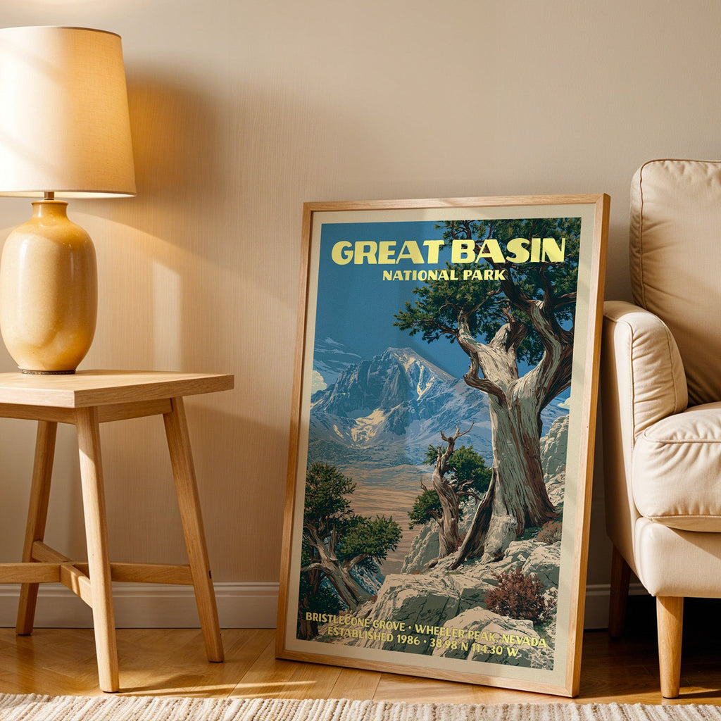 Wheeler Peak Great Basin wall art in oak, leaning by a cream armchair and a side table with an ochre lamp