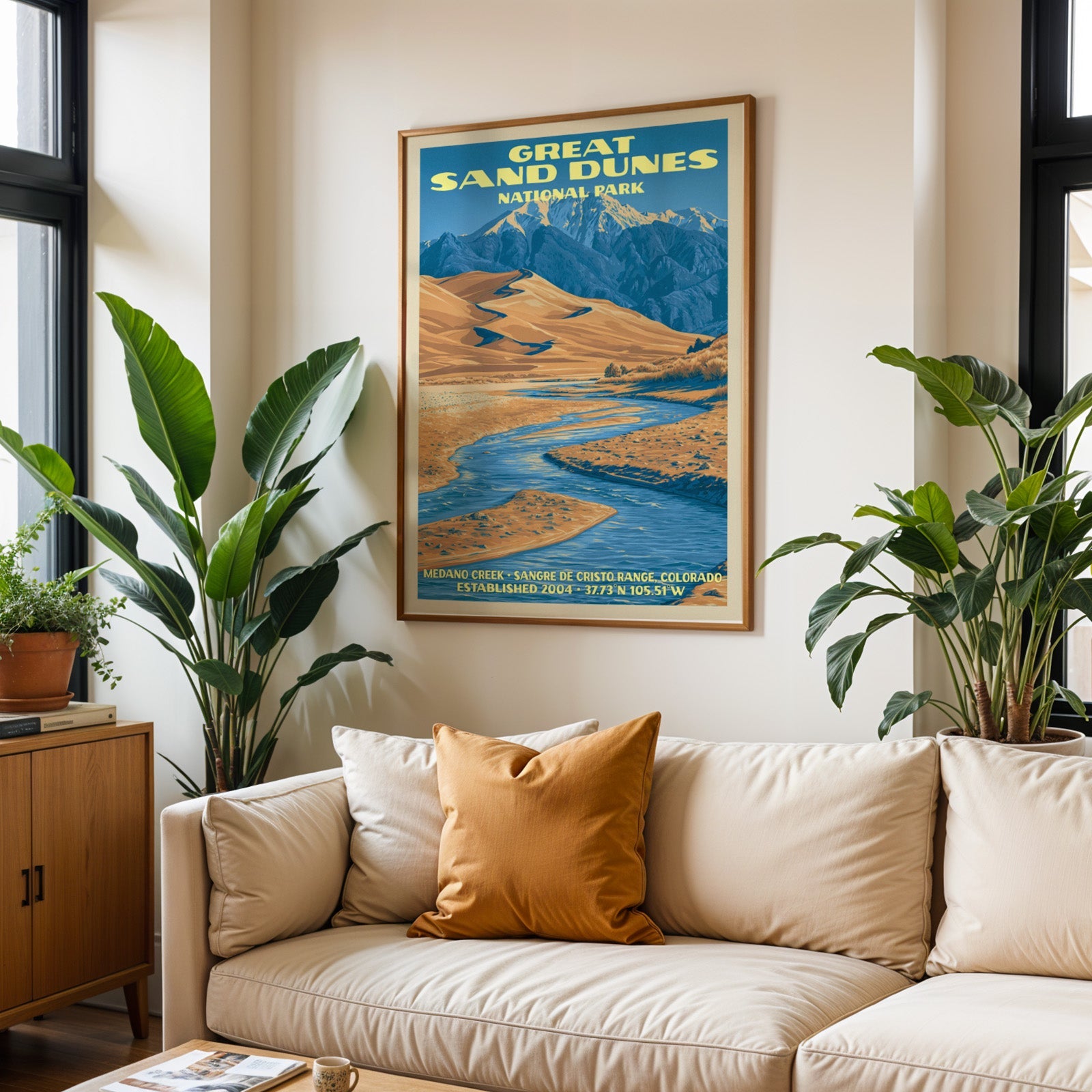 Great Sand Dunes vintage travel print in oak above a cream sofa with a rust cushion and tall tropical plants