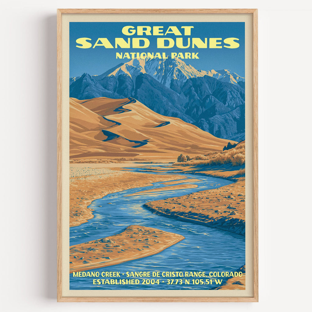 Medano Creek Great Sand Dunes National Park vintage poster in a light oak frame on a plain white wall