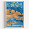 Medano Creek Great Sand Dunes National Park vintage poster in a light oak frame on a plain white wall