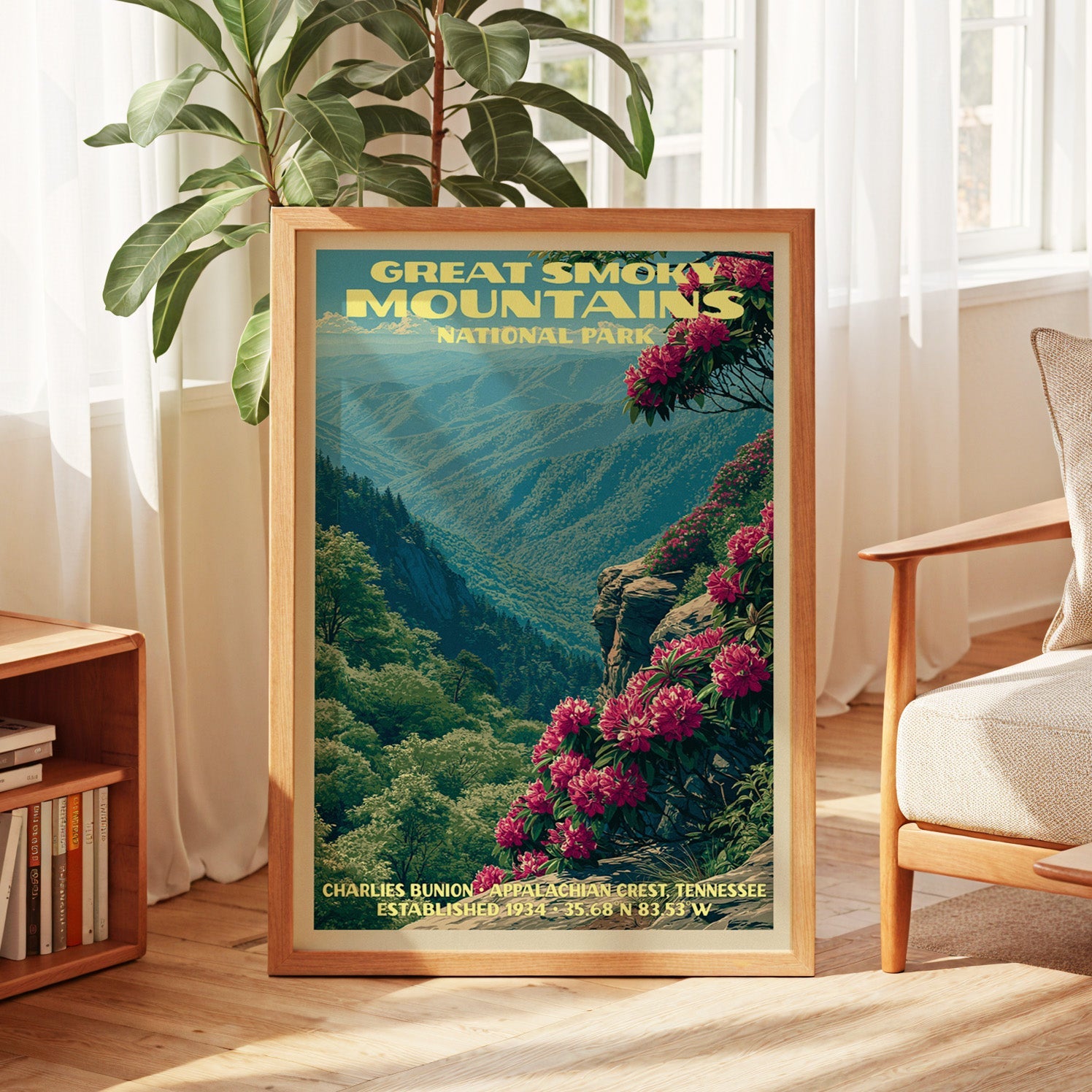 Great Smoky Mountains poster in oak, leaning by a sunlit window with sheer curtains and a low bookshelf