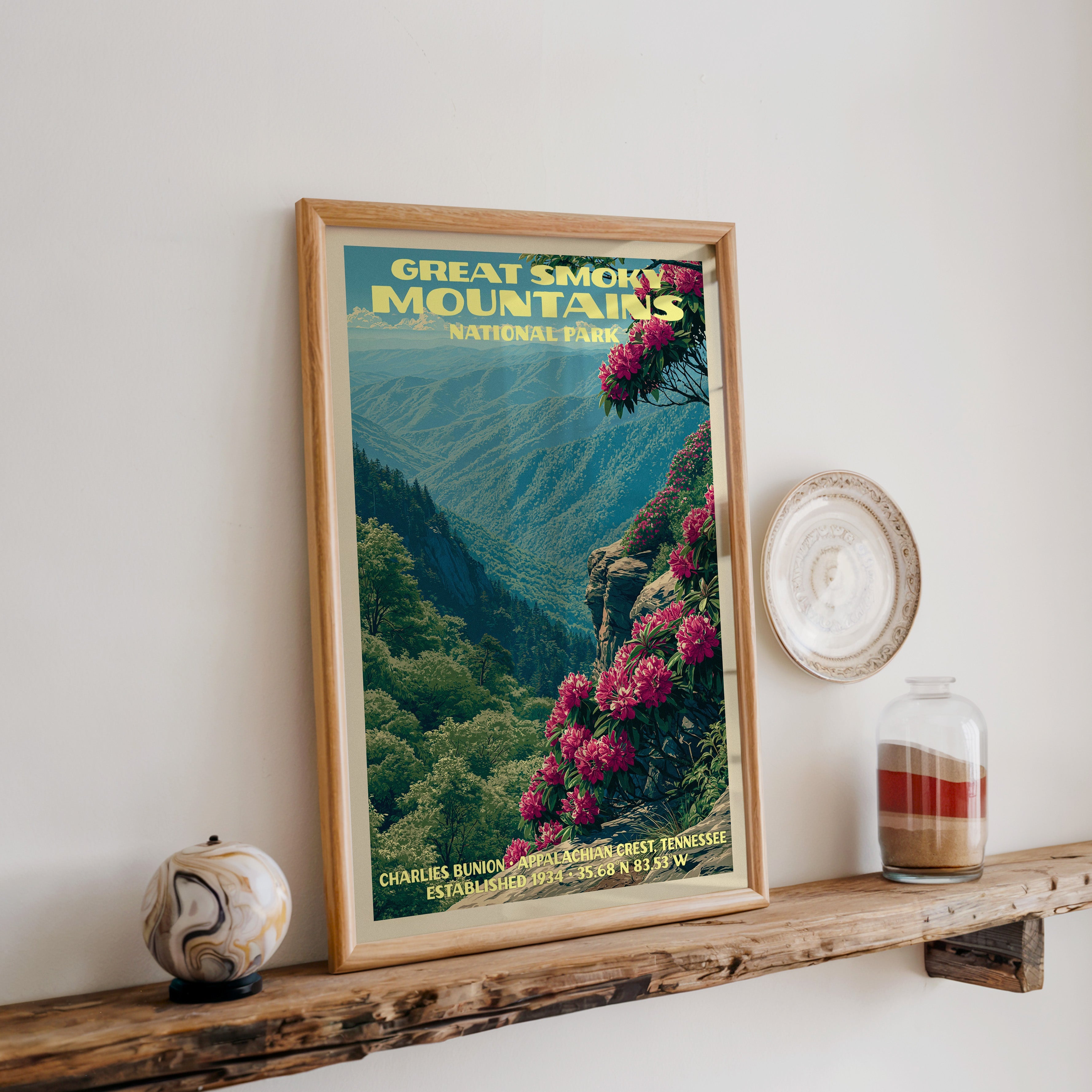 Great Smoky Mountains print in oak, leaning on a reclaimed wood ledge with a marbled stone sphere and sand jar