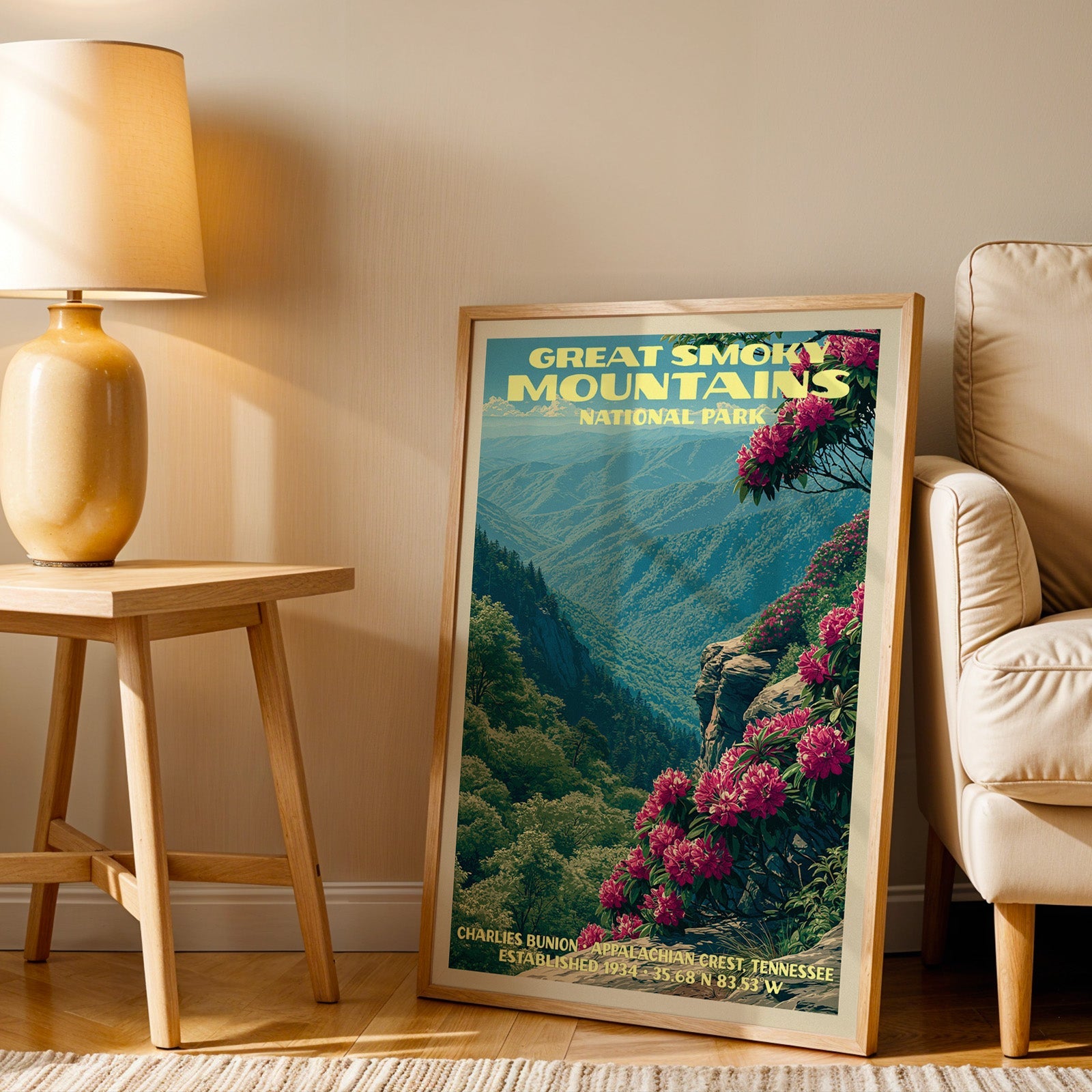 Appalachian crest wall art in oak, leaning by a cream armchair and a side table with an ochre ceramic lamp