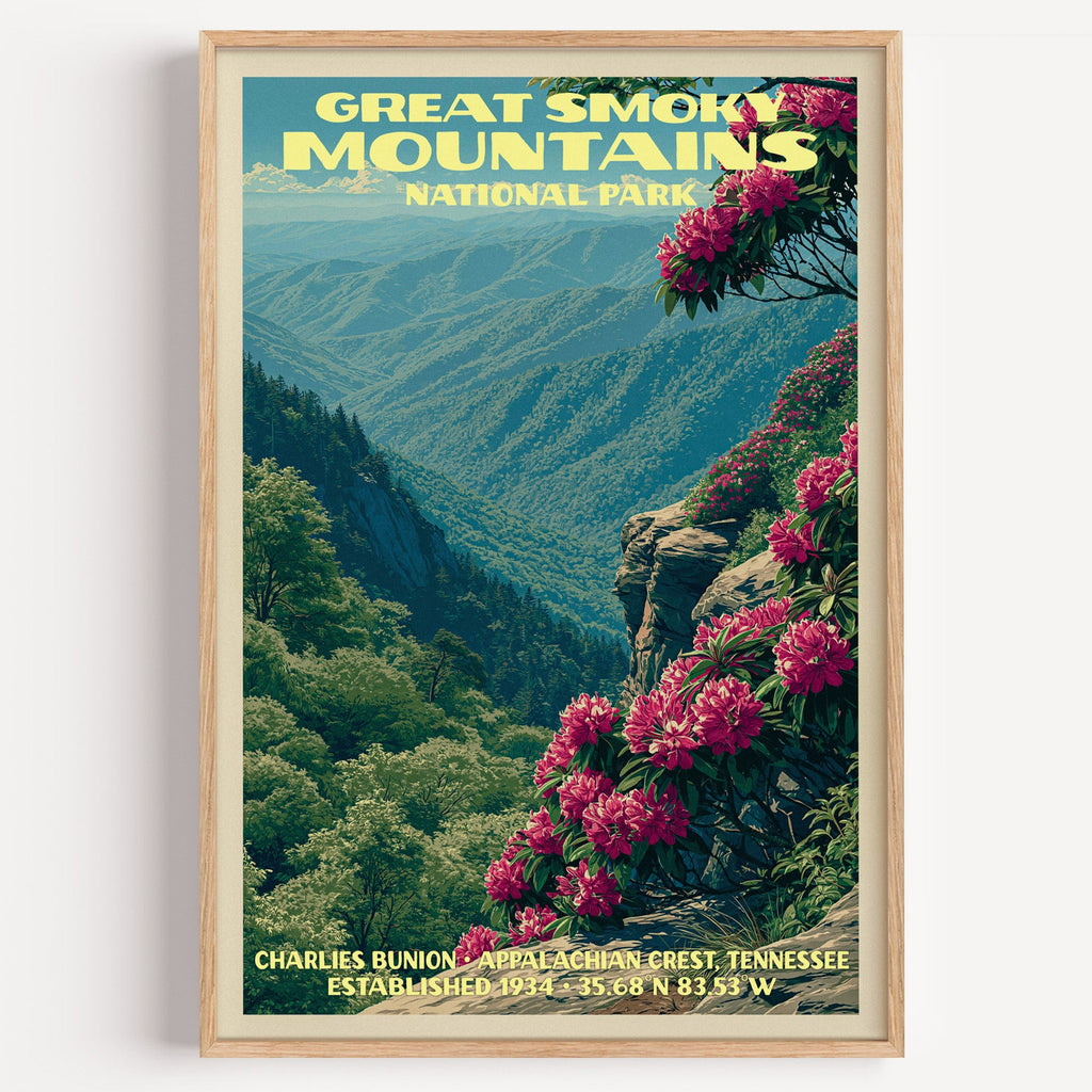Charlies Bunion Great Smoky Mountains National Park vintage poster in a light oak frame on a white wall