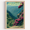 Charlies Bunion Great Smoky Mountains National Park vintage poster in a light oak frame on a white wall